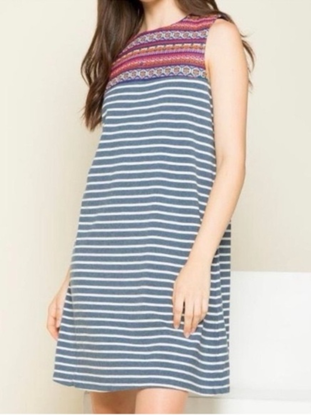 THML Boho Striped Embroidered Shift Stripe Dress XS